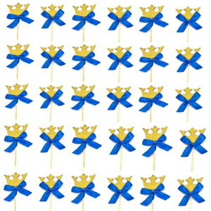 ゴールドクラウンカップケーキトッパー、ロイヤルブルーリボン男の子の誕生日の装飾ロイヤルプリンスキッズギャザリングDIYホームテーマパーティーフードフルーツケーキピックベビーシャワーの装飾30PC Hemarty Gold Crown Cupcake Toppers, with Royal Blue Ribbo