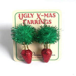 ꥹޥ-֤饭X-masξ꤬դФΥ饭ݥݥ The Divine Iguana Ugly Christmas Earrings - Green Glitter Pom Poms with Red Sparkly X-mas ornaments