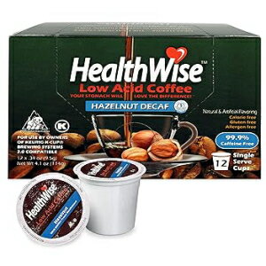 Healthwise ヘーゼルナッツ デカフェ 低酸コーヒー K カップ - スイスウォータープロセス - 胃酸逆流、胸やけ、胃の問題 - 敏感な胃のための健康的なコーヒー - 4 種類のフレーバーをご用意 - 12 個 (1 パック) Healthwise Hazelnut Decaf Low Aci