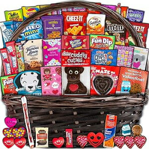 Valentine 039 s Day Gift Basket (45ct) Snacks Chocolates Candy Filled Wrapped Assortment Variety Bundle Crate Present for Boy Girl Friend Student College Child Husband Wife Boyfriend Girlfriend Love Niece