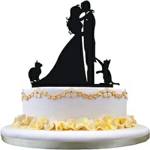 YAMI COCU Wedding Cake Toppers Cats Black Acrylic Cake Topper of Engagement and Wedding with Bride and Groom