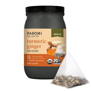 パロミティー オーガニック ターメリック ジンジャー グリーン ティー、ピラミッド型ティーバッグ 15 個 - 非遺伝子組み換え Paromi Tea Organic Turmeric Ginger Green Tea, 15 Pyramid Tea Bags - Non-GMO