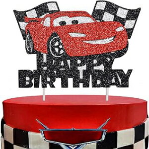 Happy Birthday Cake Decoration Racing Flash Cake Topper Checkered Flag Racing Theme Party Supplies Baby Shower Car Theme Traffic Theme Party Cake Topper (Black and Red)