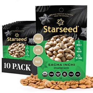 Starseed Sacha Inchi Seeds - オメガ 3 と繊維を含むオーガニック プロテイン スナック - ビーガン グルテン フリー パレオおよびケト スナック - 1 オンス バッグ 10 パック - ロースト無塩 Starseed Sacha Inchi Seeds - Organic Protein