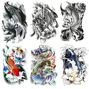 Kotbs 6 Sheets Temporary Tattoos Large Koi Fish Body Tattoos Sticker for Men Women Waterproof Fake Tattoos