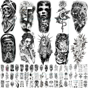 Temporary Tattoos Stickers for Men or Women, Large Fake Tattoos That Look Real and Small Black Tattoos, Temp Tattoo Arm Sleeves for Adults, Wolf Lion Tiger Skull Flower Tattoos