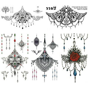 Glaryyears Chest Lace Temporary Tattoos for Women Female, 5 Pack Black Underboob Fake Realistic Large Long Lasting Creative Tattoo Stickers, Sexy Diamond Pendant Flower Styles on Body