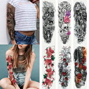 6 Sheets Full Arm Temporary Tattoo, Waterproof Extra Large Black Skull Rose Temporary Tattoos for Men and Women, Adults Body Art Tattoo Sticker Fake Tattoo