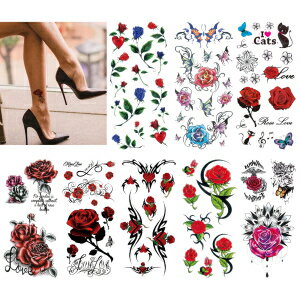 CARGEN Sexy Rose Temporary Tattoos - 8 Sheets Sexy Flower Butterfly Cat Love Tattoos for Women Sexy Makeup Fake Tattoo Body Art Sticker Great for Legs Thighs Chest Hips Fingers Neck Ankle Shoulder