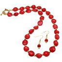 天然赤サンゴ宝石手作りネックレスストランド イヤリング付き Natural Red Coral Gemstone Handmade Necklace Strand with Earrings