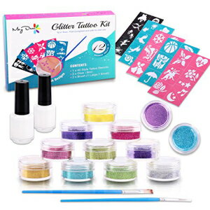 Maydear Glitter Tattoo Kit with 12 Large Glitters & 40 Stencils for Temporary Tattoos Children Temporary Tattoos Kids Teenager Adult Party Accessory & Body Art (12-Color)