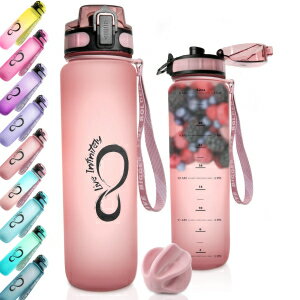 Live Infinitely 34 oz Gym Water Bottle with Time Marker - Fruit Infuser Screen BPA Free 1 Liter Water Bottle - Locking Flip Top Lid Durable Travel Bottle Coating (Rose 34oz)