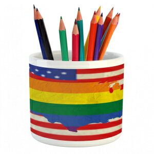 Ambesonne Pride Pencil Pen Holder, USA American Flag with Rainbow Gay Marriage Nationwide Rights and Equality Theme, Ceramic Pencil Pen Holder for Desk Office Accessory, 3.6" X 3.2", Red Yellow