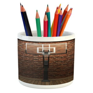 Ambesonne Basketball Pencil Pen Holder, Old Brick Wall and Basketball Hoop Rim Indoor Training Exercising Stadium Picture, Ceramic Pencil Pen Holder for Desk Office Accessory, 3.6