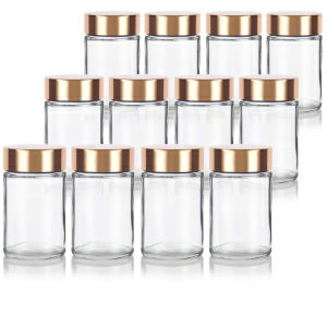 4 oz / 120 ml Clear Thick Glass Straight Sided Jar with Gold Metal Overshell Lid (12 pack)