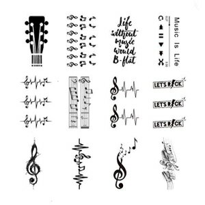 楽天GlomarketSanerLian Guitar Music Temporary Tattoo Sticker Watercolor Waterproof Adult Men Women Arm Shoulder Back Neck Body Art 10.5X6cm Set of 12 （color3）