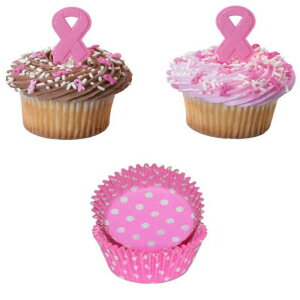 乳がん啓発ピンクリボンサバイバーカップケーキライナーとトッパー - カップケーキ60個分。 Breast Cancer Awareness Pink Ribbon Survivor Cupcake Liners and Toppers - Enough for 60 Cupcakes
