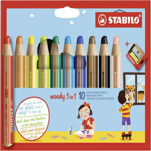 Multi-talented Pencil - STABILO woody 3-in-1 - Wallet of 10 - Assorted Colors + Sharpener