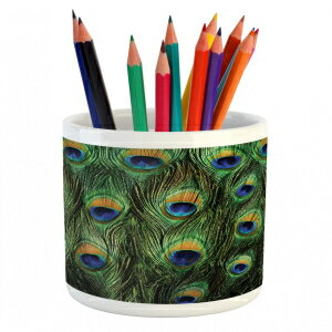 Ambesonne Peacock Pencil Pen Holder, Peacock Tail Feathers Tropical Exotic Animals Close-up Picture Artwork, Ceramic Pencil Pen Holder for Desk Office Accessory, 3.6