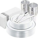 White and Silver, WDF 175PCS Silver Plastic Plates - Disposable Christams Plates Dinnerwar, Silver Plates include 25 Dinner Plates,25 Salad Plates,25 Forks, 25 Knives, 25 Spoons, 25 Tumbler