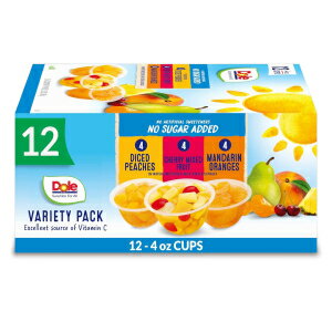 Dole Fruit Bowls No Sugar Added Variety Pack Snacks, Peaches, Mandarin Oranges Cherry Mixed Fruit, 4oz 12 Cups, Gluten Dairy Free, Bulk Lunch Snacks for Kids Adults