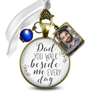 Bouquet Charm for Wedding Dad You Walk Beside Me Something Blue Bead 1 Frame Remembrance Keepsake Vintage Bronze White Glass Jewelry Loving Memory Father for Bride's F DIY Photo Template