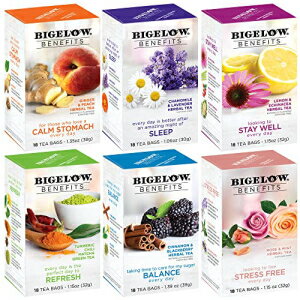 Bigelow Benefits ウェルネスティー バラエティパック、カフェイン入り緑抹茶とカフェインフリーのハーブティーの混合、18 カウント (6 個パック)、合計 108 ティーバッグ (パッケージは異なる場合があります) Bigelow Benefits Wellness Teas Variety Pa