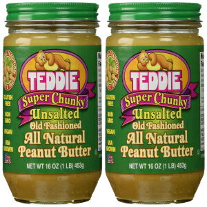 Teddie All Natural Peanut Butter, Super Chunky Unsalted 2pk, Gluten Free & Vegan, 16 Ounce (Super Chunky Unsalted, Pack of 2)