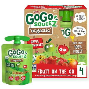 3.2 Ounce (Pack of 4), Organic Apple Strawberry, GoGo squeeZ Fruit on the Go Organic, Apple Strawberry, 3.2 oz (Pack of 4), Unsweetened Organic Fruit Snacks for Kids, Gluten Free, Nut Free and Dairy Free, R