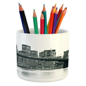 Ambesonne Modern Pencil Pen Holder, Brooklyn Bridge Sunset with Manhattan American New York City Famous Town Image, Ceramic Pencil Pen Holder for Desk Office Accessory, 3.6