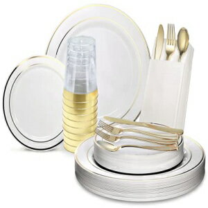 OCCASIONS 200pcs set (25 Guests)-Heavyweight Wedding Party Disposable Plastic Plate Set -25 x 10.5 039 039 25 x 7.5 039 039 Silverware Cups linen like paper Napkins (White Gold Rim)