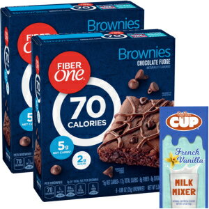 Fiber One Chocolate Fudge Brownies, 6 Count Box (Pack of 2) with By The Cup French Vanilla Milk Mixer