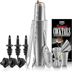 15 Piece set, NutriChef Mixology Bartender Cocktail Shaker Set - Includes 15 & 30 oz Stainless Steel Shakers, 6 Bottle Pourers & More - Essential Martini Making Kit - Drink Mixing Set - 15 Piece Cocktail Bar Set