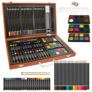 U.S. Art Supply 82-Piece Deluxe Artist Studio Creativity Set Wood Box Case - Art ting, Sketching Drawing Set, 24 Watercolor t Colors, 24 Oil Pastels, 24 Colored Pencils, 2 Brushes, Starter Kit