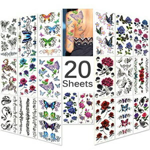 Lady Up Temporary Tattoos Stickers 20 Sheets Body Art F, Roses, Butterflies Tattoo for Women, Mixed Style and Multi-Colored Waterproof 90×190mm