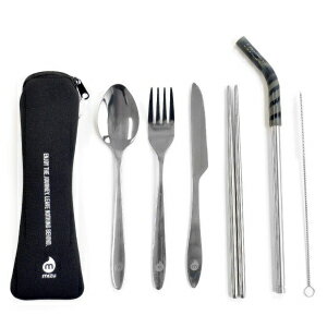 ~Y XeXJg[Zbg e: tH[NAXv[AiCtAAXg[AlIv|[` Mizu Stainless Steel Cutlery Set Including: Fork, Spoon, Knife, Chop Sticks, Straw and Neoprene Pouch
