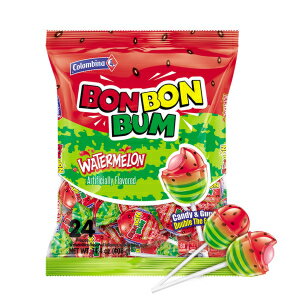 Colombina Bon Bon Bum Lollipops w/Bubble Gum Center, Watermelon Flavor, Individually Wrapped, Ideal for Party Favors and Gifts, 1 Pack (24 Count)