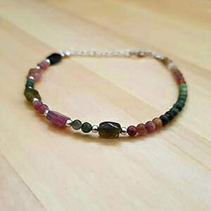 スイカトルマリン長方形ラウンドビーズブレスレット女性用スターリングシルバー宝石ジュエリー anushruti Watermelon Tourmaline Rectangle Round Beads Bracelet for Women Sterling Silver Gemstone Jewelry