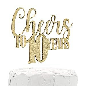 NANASUKO 10th Anniversary Cake Topper - Cheers to 10 years - Double Sided Gold Glitter, Premium quality Made in USA NANASUKO 10th Anniversary Cake Topper - Cheers to 10 years - Double Sided Gold Glitter, Premium quality Made in USA