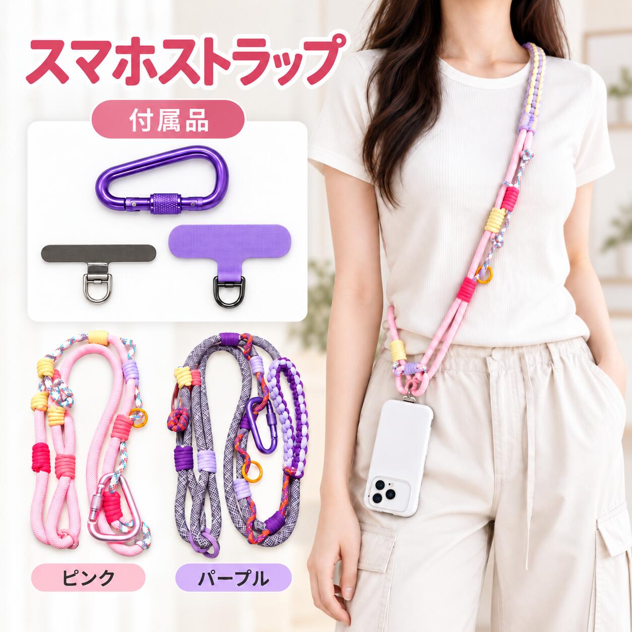 商品情報素材/材質ナイロンサイズ/寸法長さ 約115～130cmその他商品説明太めのナイロンコードとカラフルな編み込みデザインがおしゃれなスマホストラップです。長さは約115～130cmまで調節でき、体型やコーデに合わせて斜め掛けスタイルを楽しめます。スマホを肩から掛けられるので、買い物・旅行・イベント・お出かけなど、両手を空けたいシーンにも便利。ピンクとパープルの2カラーをご用意しました。カラビナ×1、ストラップホルダー×2付きで、届いてすぐにお使いいただけます。カラー： ピンク / パープルサイズ： 長さ 約115～130cm素材： ナイロン注意モニター発色の具合により色合いが異なる場合がございます。スマホストラップ 調節式 編み込み ロングストラップ 太め 携帯電話ストラップ スマホショルダー ショルダーストラップ スマホ 斜め掛け 肩掛け カラフル 長さ調節可能 ストラップホルダー付き レディース カラフルな編み込みデザインが可愛い、長さ調節可能な斜め掛けスマホストラップ。 5