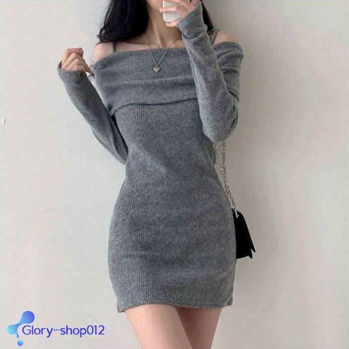 オフショルワンピース ニットワンピース ミニドレス タイトシルエット ニットワンピ レディース タイトワンピ 肌見せ 冬 長袖 シンプル ギャル 重ね着 カジュアル リブニット 着痩せ 保温 伸縮性 オフィス きれいめ 暖かい 無地 おしゃれ かわいい ストラップショルダー