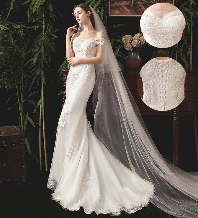 【送料無料】ウェディングドレス トレーン レース 刺繍 オフショルダー 高級感 編み上げタイプ 結婚式 ブライダル 前撮り 挙式 花嫁ドレス 海外挙式 フォトウェディング ロングドレス きれいめ パーティードレス 二次会 披露宴 ワンピース エレガント