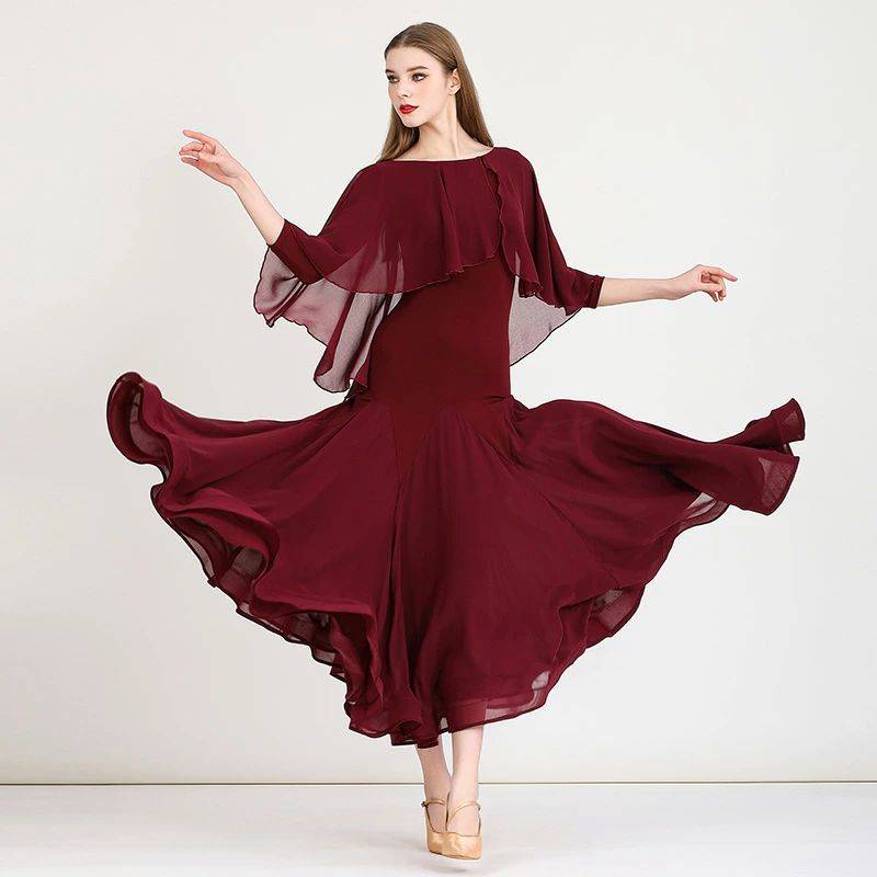 【送料無料】社交ダンスドレス モダンドレス 社交ダンス 衣装 フリル袖 広がる裾 スタンダードドレス ワルツダンス ワンピースドレス ステージ衣装 ダンスウェア 競技会 パーティー 発表会 競技着 練習着 舞台 演奏会 演出 M-2XL