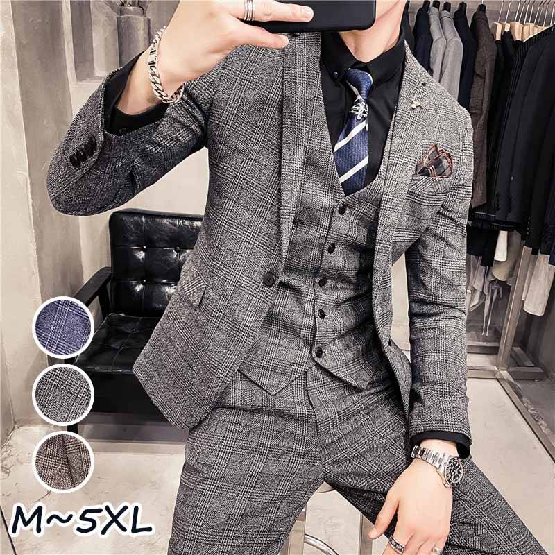 ご来店いただき、誠にありがとうございます。 素材 ポリエステル カラー グレー、ブルー、ブラウン サイズ サイズ表をご参考ください。 セット内容 ジャケット+ベスト+ズボン 注意事項 〇 表記しているサイズは平置きで採寸ですので、若干の誤差が生じる場合がございます。予めご了承下さいませ。 〇 お客様ご使用のPC環境により商品画像のカラーが多少異なる場合があります。ご了承ください。 〇 糸のほつれなどについては(お客様自身でカットしていただける、着用に問題の無い範囲のもの)返品・交換の対象外とさせて頂きますのでご了承下さいませ。 〇 機械による生産の為、生地の継ぎ目の若干のズレやほつれなど、形やサイズに多少の誤差が生じる場合がございます。