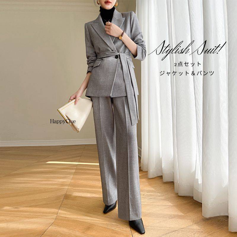 【送料無料】セットアップ パンツスーツ おしゃれ 春 レディース スーツ ママ 母親 入学式 卒業式 上下セット フォーマル 30代40代50代 ジャケット 2点セット カジュアル 春夏 秋 長袖 スーツセット 通勤 オフィス 事務服 お呼ばれ 二次会 謝恩会 説明会 無地 グレー