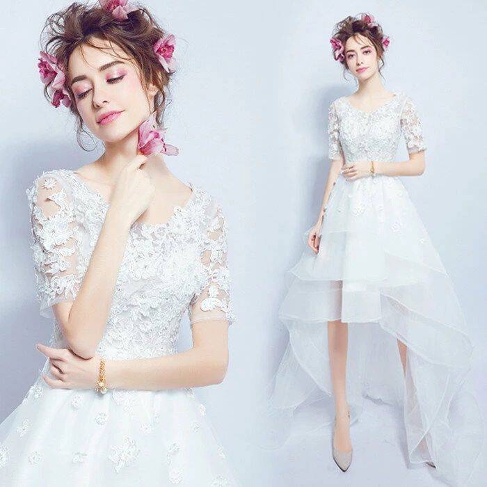 【送料無料】ウェディングドレス ミニドレス 前上がり 前ミニ 足見せ ラウンドネック ミニ 白ワンピース 足見せ ホワイト インポート ブライダル パーティ 花嫁衣装 リゾート 海外挙式 結婚式 二次会 前撮り 後撮り ドレス ワンピース ウエディング【wd-183