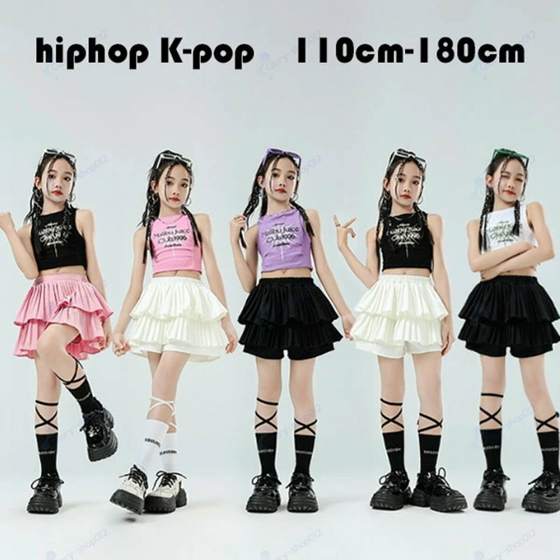 乐天商城 - キッズダンス おしゃれ セットアップ 女の子 チアガール ドラムショー 公演服 hiphop K-pop 舞台 団体服 演出服 ガールズ ダンスウェア ファッション 全5色 へそ出し タンクトップ+スカート 演出服 練習着 イベント 発表会 110-18