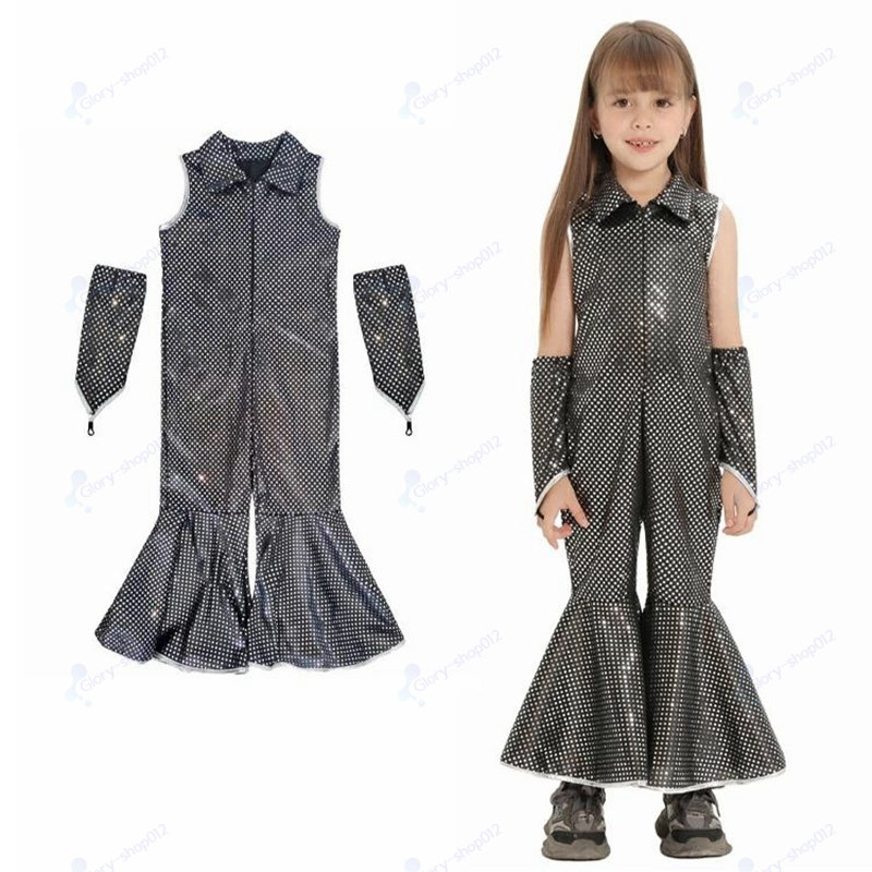 ハロウィン コスチューム パーティー 子供用衣装 シルバー スパンコール ベルボトムズ ディスコステージ パフォーマンス衣装 子供 舞台 衣装 オールインワン 袖カバー