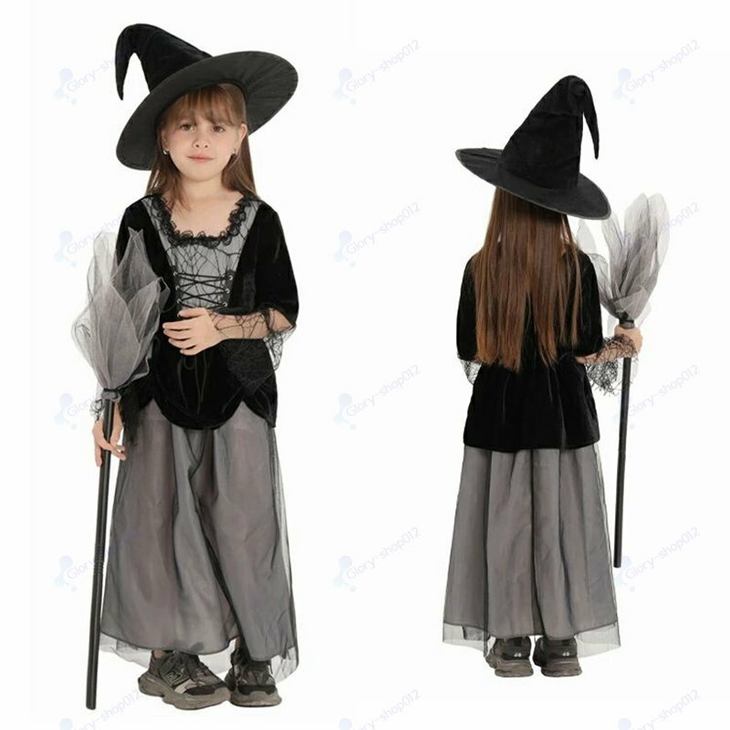 Rakuten - ハロウィン ワンピース ドレス 帽子 ハット 魔女帽 ほうき付き セット 子供 キッズ ベビー コスプレ 衣装 仮装 パーティー 魔女 魔法使い 帽子付き 女の子