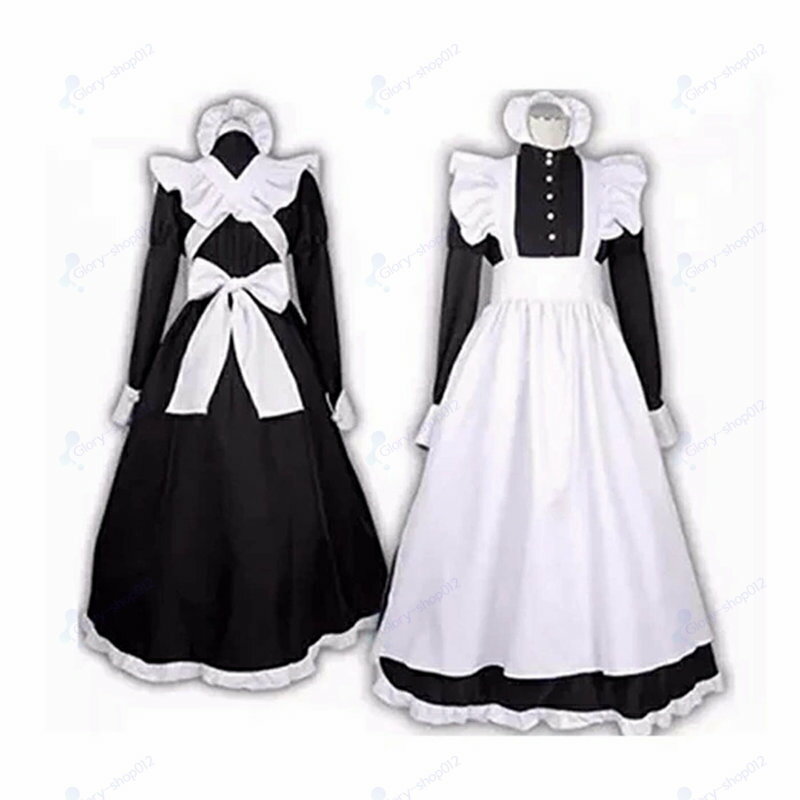 メイド服 ロング コスプレ衣装 メイド イギリス風 英国風 フリル クラシカル 黒 ブラック 3点セット ロングワンピース エプロン カチューシャ コスチューム ハロウィン レディース メンズ 可愛い ゴスロリ 萌えロリータ halloween